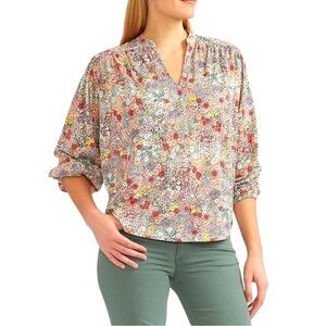 Chaps Floral-Print Shirred Cotton-Blend Top with Full Sleeves